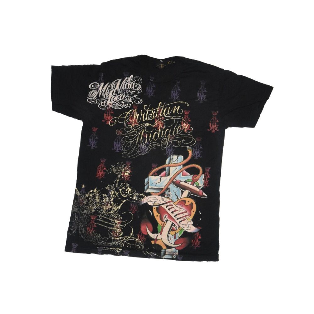 Y2K Christian Audigier All Over Print Goth Punk T-Shirt - XL